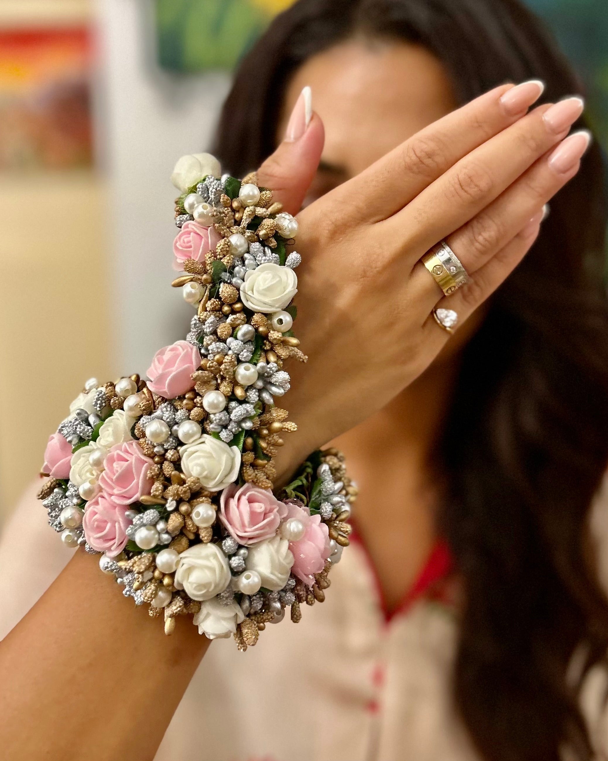 Artificial Floral Bracelet – Blush Pink, White & Silver