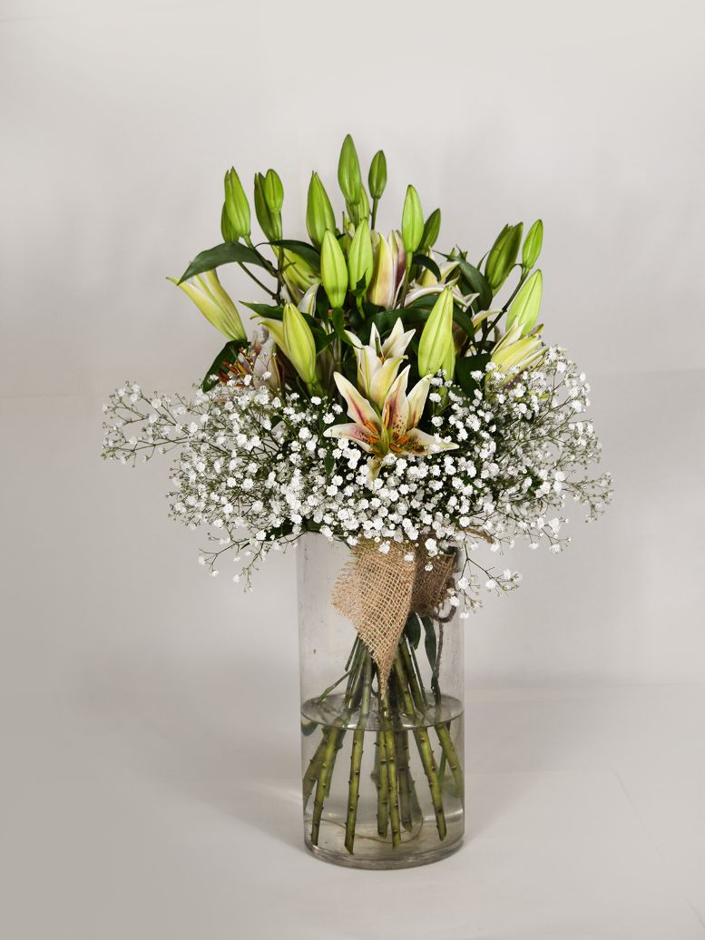 Lily & Gypsophila Hand Tied Jute Bouquet