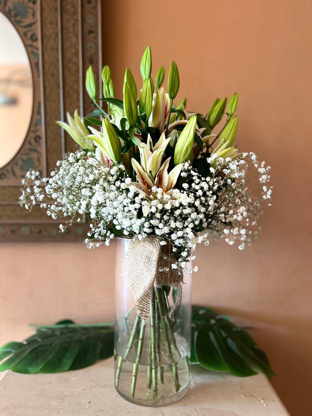 Lily & Gypsophila Hand Tied Jute Bouquet