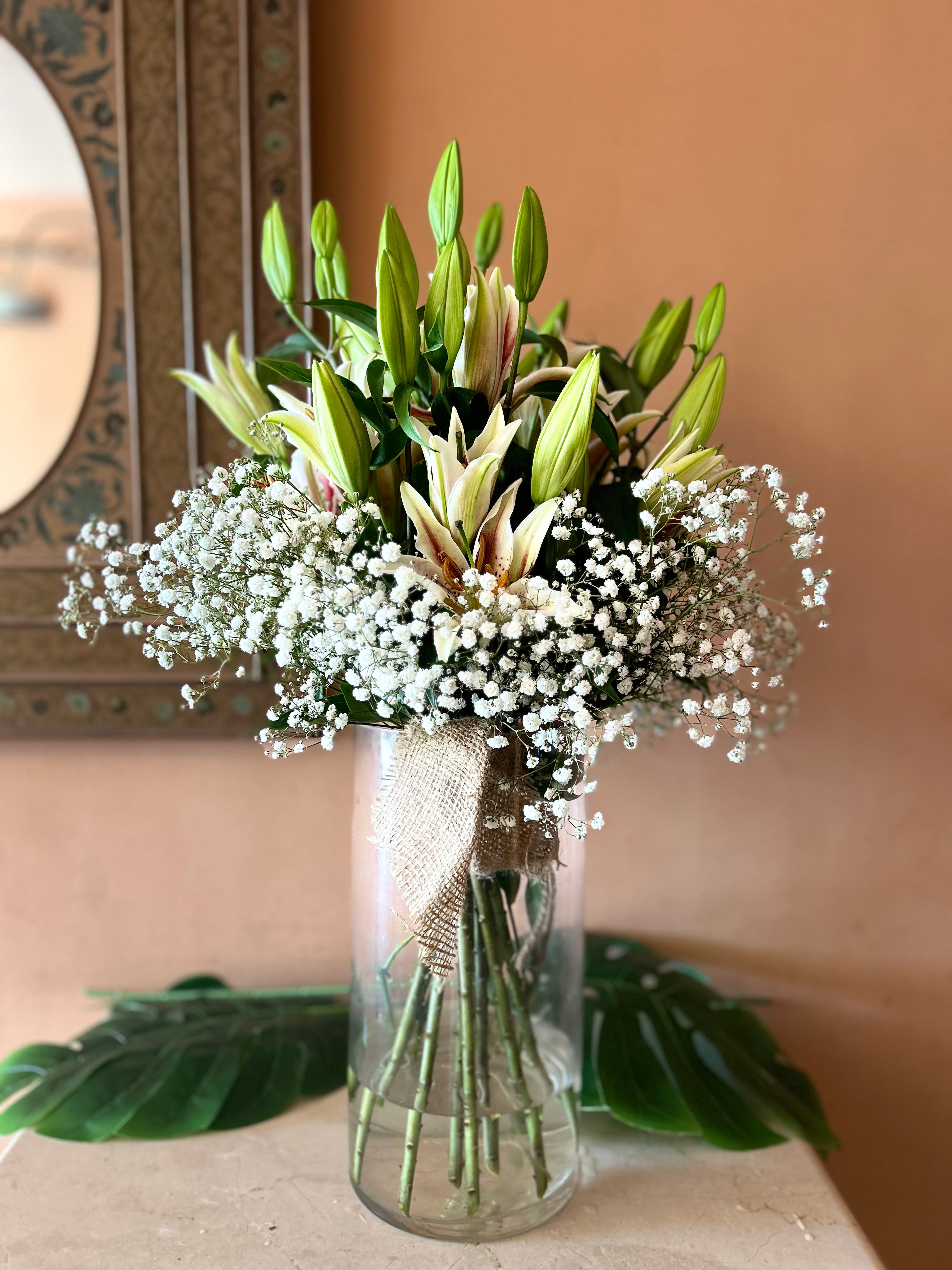 Lily & Gypsophila Hand Tied Jute Bouquet