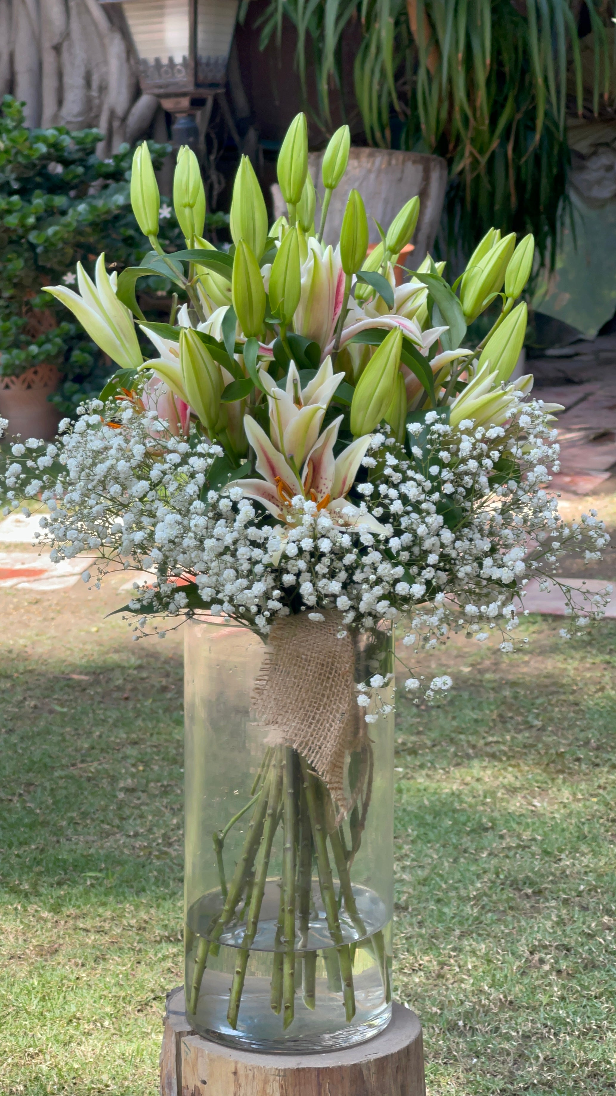 Lily & Gypsophila Hand Tied Jute Bouquet