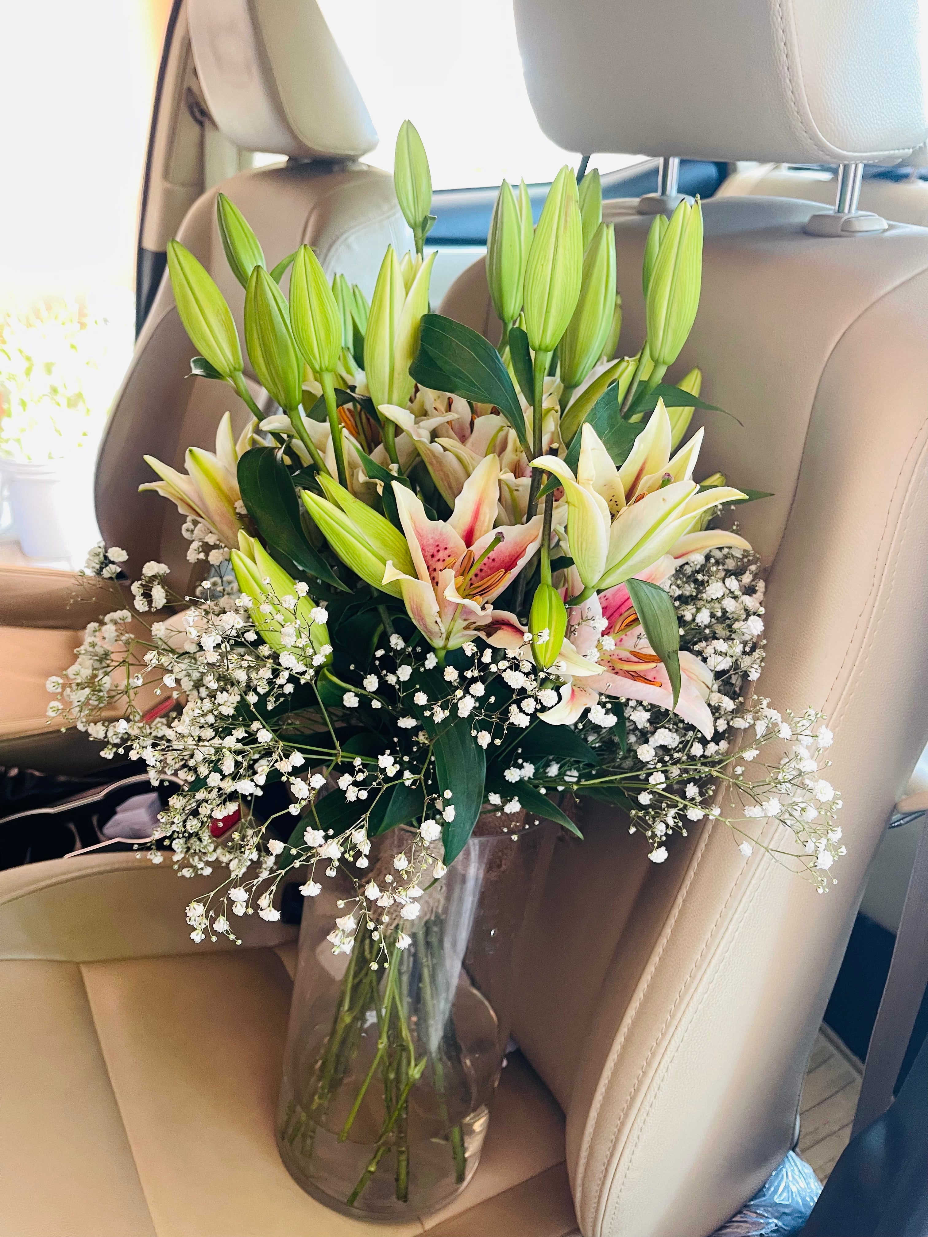 Lily & Gypsophila Hand Tied Jute Bouquet
