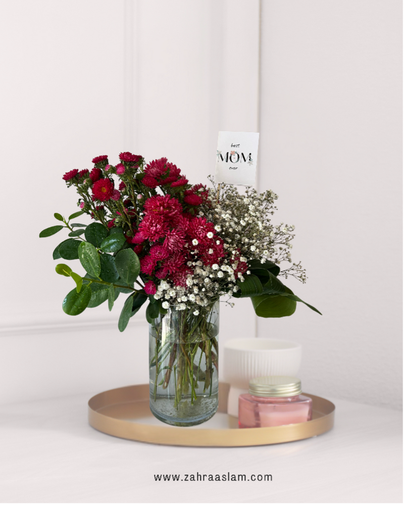 Mom’s Bright Bloom – Pink Asters with Gypsophila in a Vase